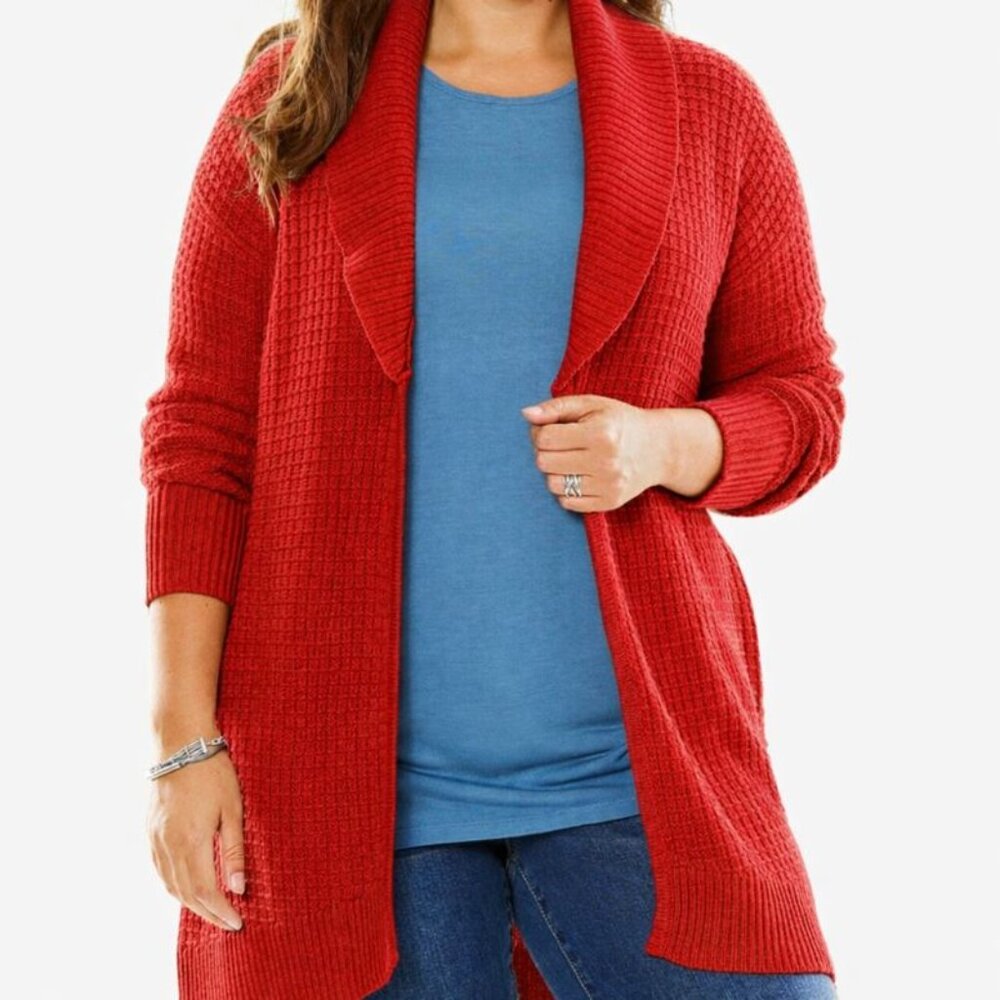 Woman Within 2X 26/28 Red Draped Shawl Open Front Cotton Blend Cardigan Sweater